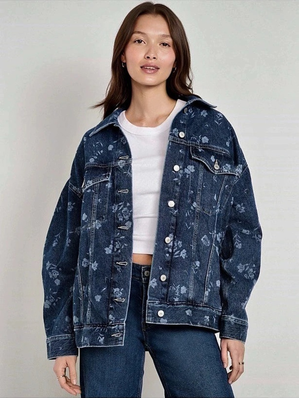 Old Navy Oversized Denim Jacket - Dark Wash Floral Denim Jacket
